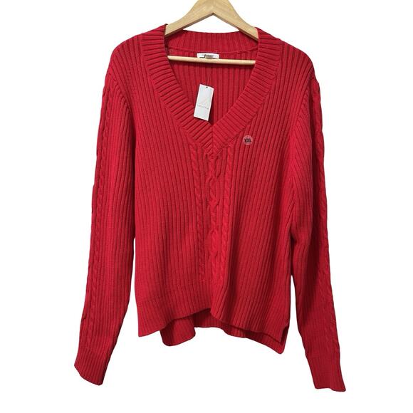 Nautica Womens Cable Knit V Neck Sweater Size XXL Red Thick Fisherman Preppy NWT - Picture 1 of 7